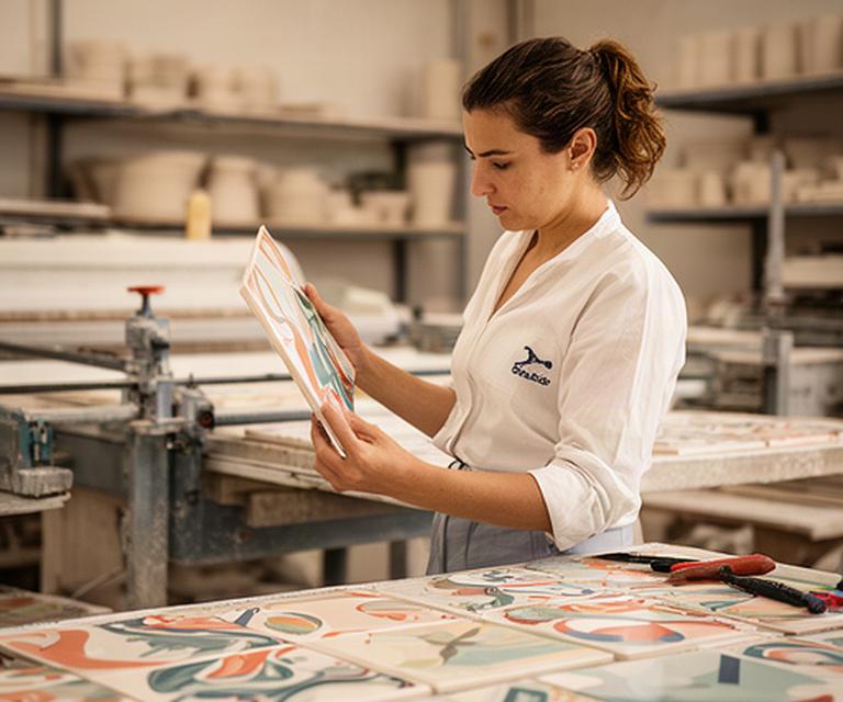 Operatrice al controllo di piastrelle decorate nell'area di lavorazione ceramica di Portici