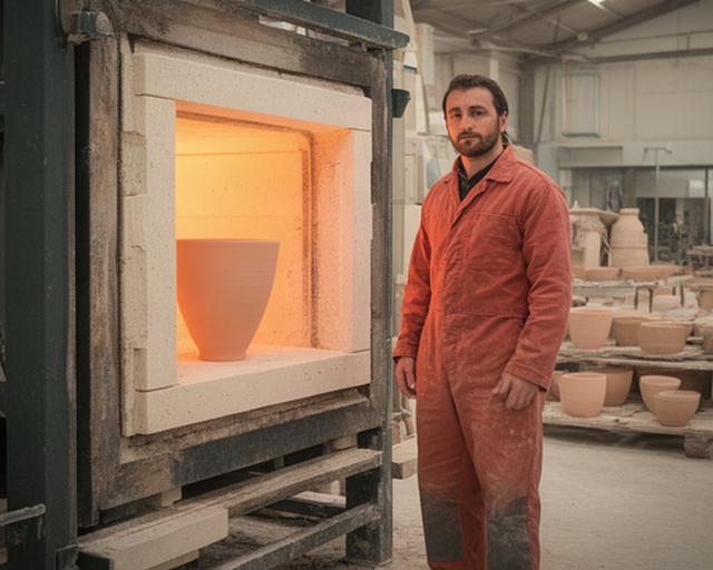 Tecnico di Umberto's Ceramiche davanti a un forno ceramico acceso nello stabilimento di Portici