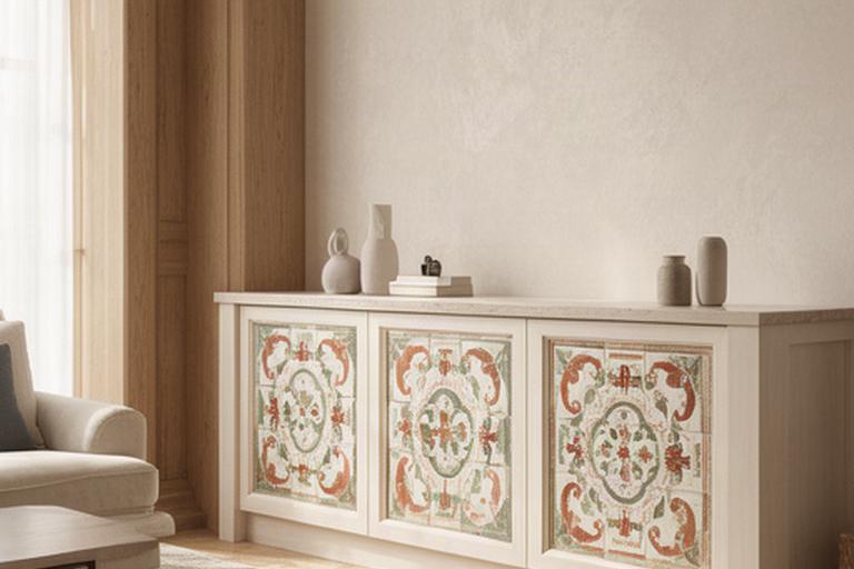 Banco d'arredo con inserti ceramici decorativi in uno spazio residenziale luminoso
