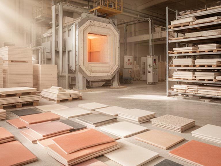 Piastrelle ceramiche disposte vicino a un forno di produzione in uno stabilimento italiano