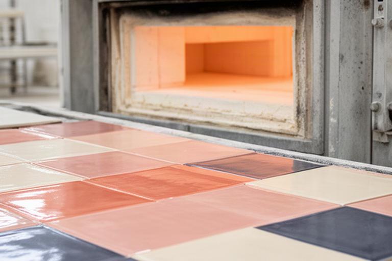 Dettaglio di piastrelle ceramiche accanto a un forno di cottura in uno stabilimento italiano