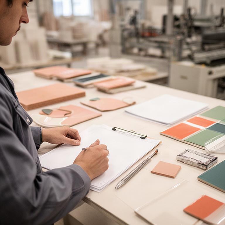 Operatore che consulta registri di produzione ceramica su un banco di lavoro nello stabilimento
