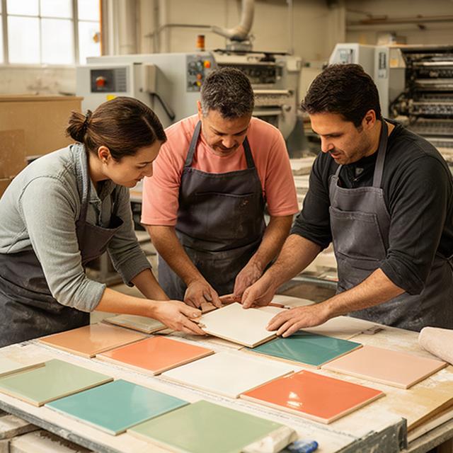 Team di Umberto's Ceramiche mentre controlla piastrelle ceramiche nel reparto di finitura