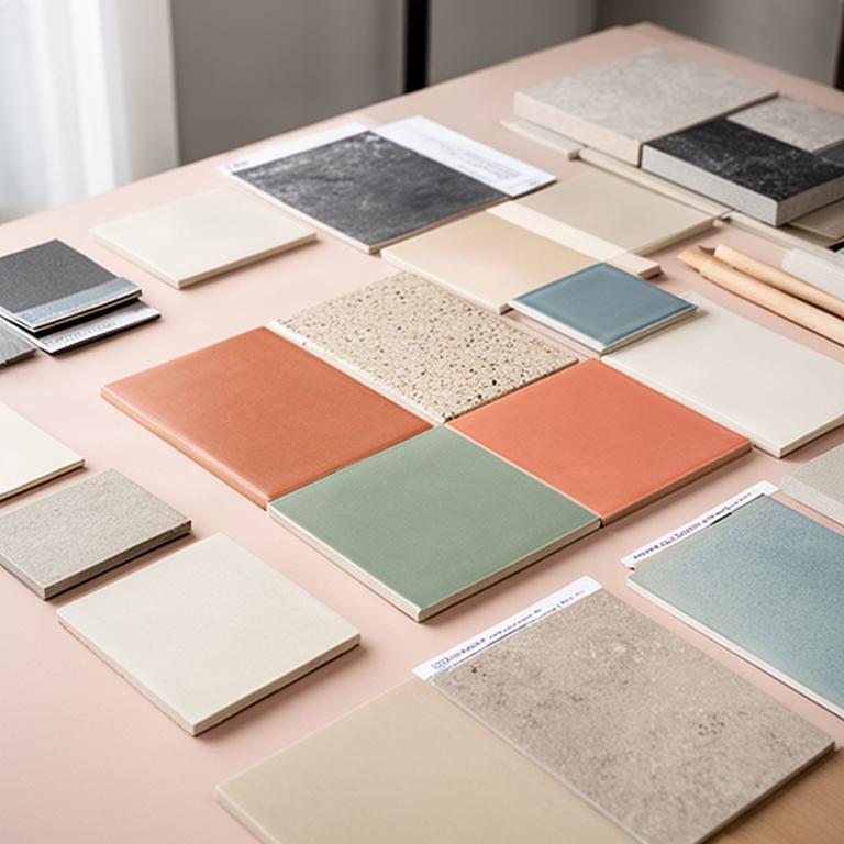 Campioni di piastrelle ceramiche 2025 in tonalità calde su un tavolo di progettazione