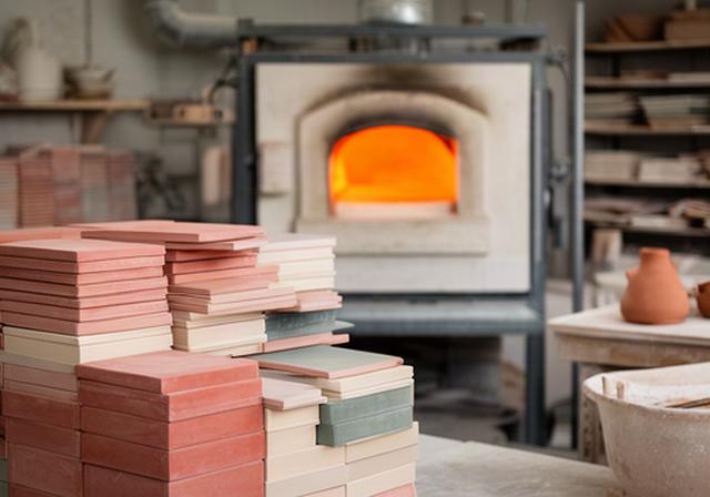 Interno di un laboratorio ceramico con piastrelle impilate e forno industriale acceso