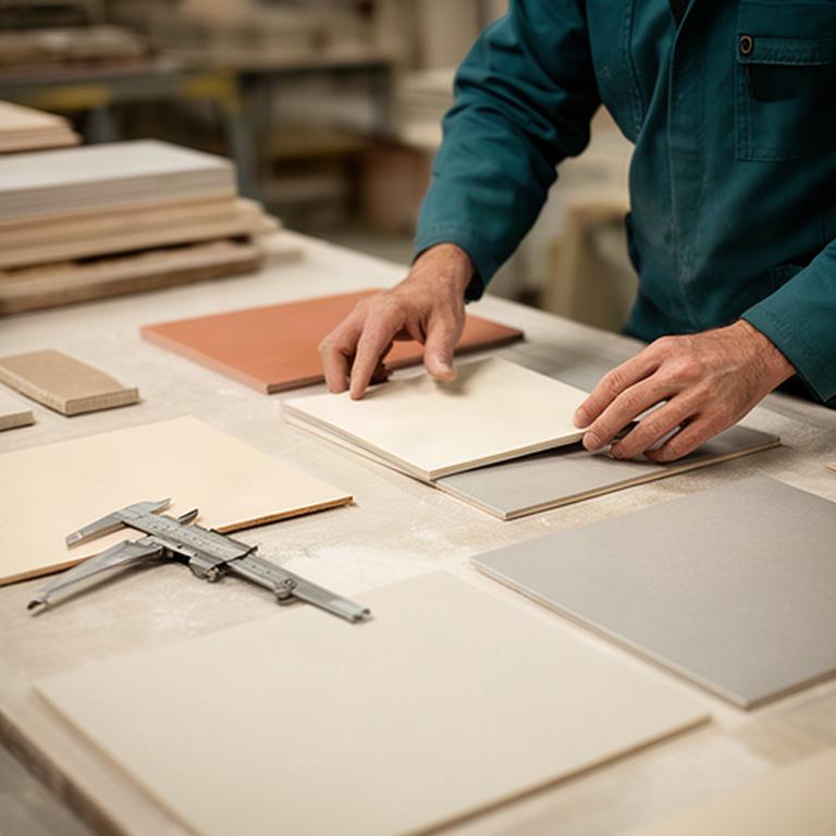Tecnico che controlla tono e misura di piastrelle ceramiche su un banco di lavoro