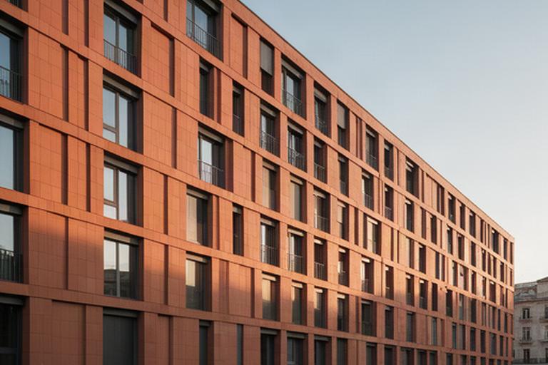 Facciata ventilata contemporanea rivestita con grandi lastre ceramiche color terracotta
