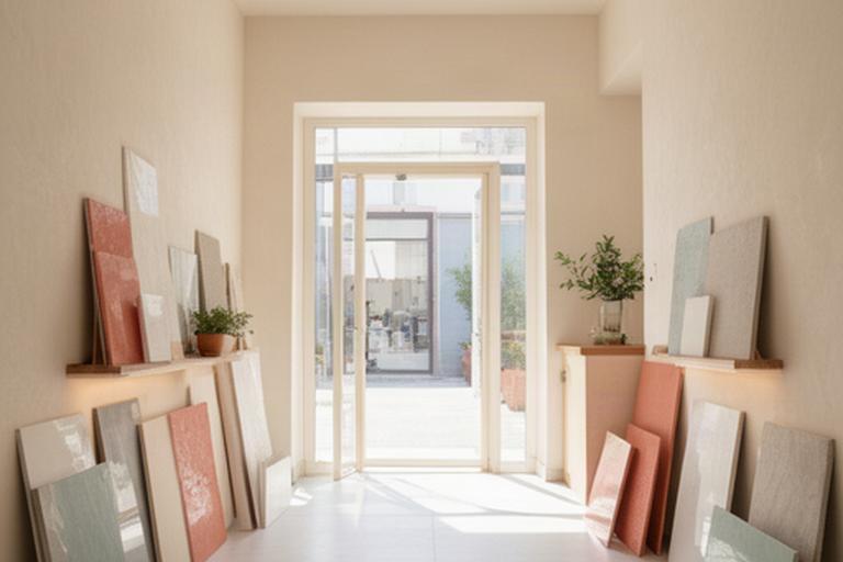 Ingresso luminoso dell'azienda ceramica a Portici con materiali campione esposti