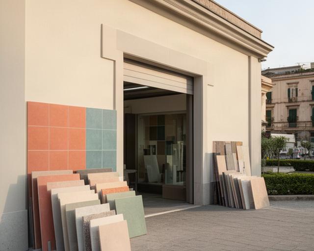 Facciata della sede di Umberto's Ceramiche a Portici con materiali ceramici esposti all'ingresso